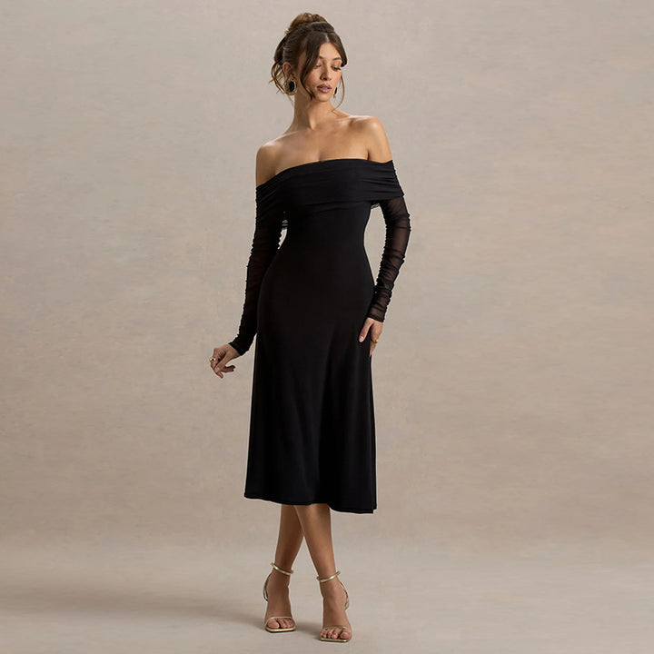 Damen Off-Shoulder Maxikleid mit eleganten Rüschen Drune