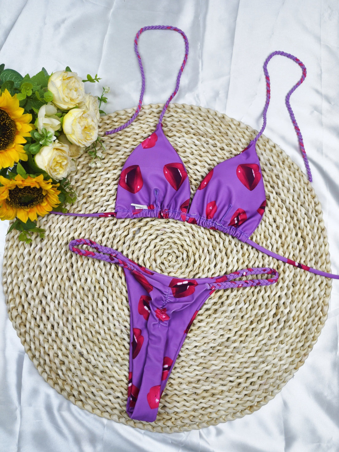Damen Triangel-Bikini-Set mit fröhlichem Kirschmuster und verstellbaren Trägern Drune