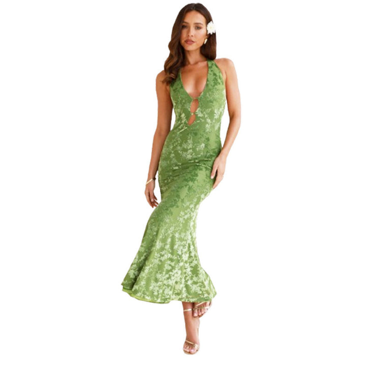 Damen elegantes Maxikleid mit tiefem V-Ausschnitt und transparentem Design Drune