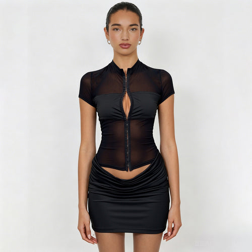 Damen figurbetontes Wickelkleid mit transparenten Einsätzen und asymmetrischem Saum Drune
