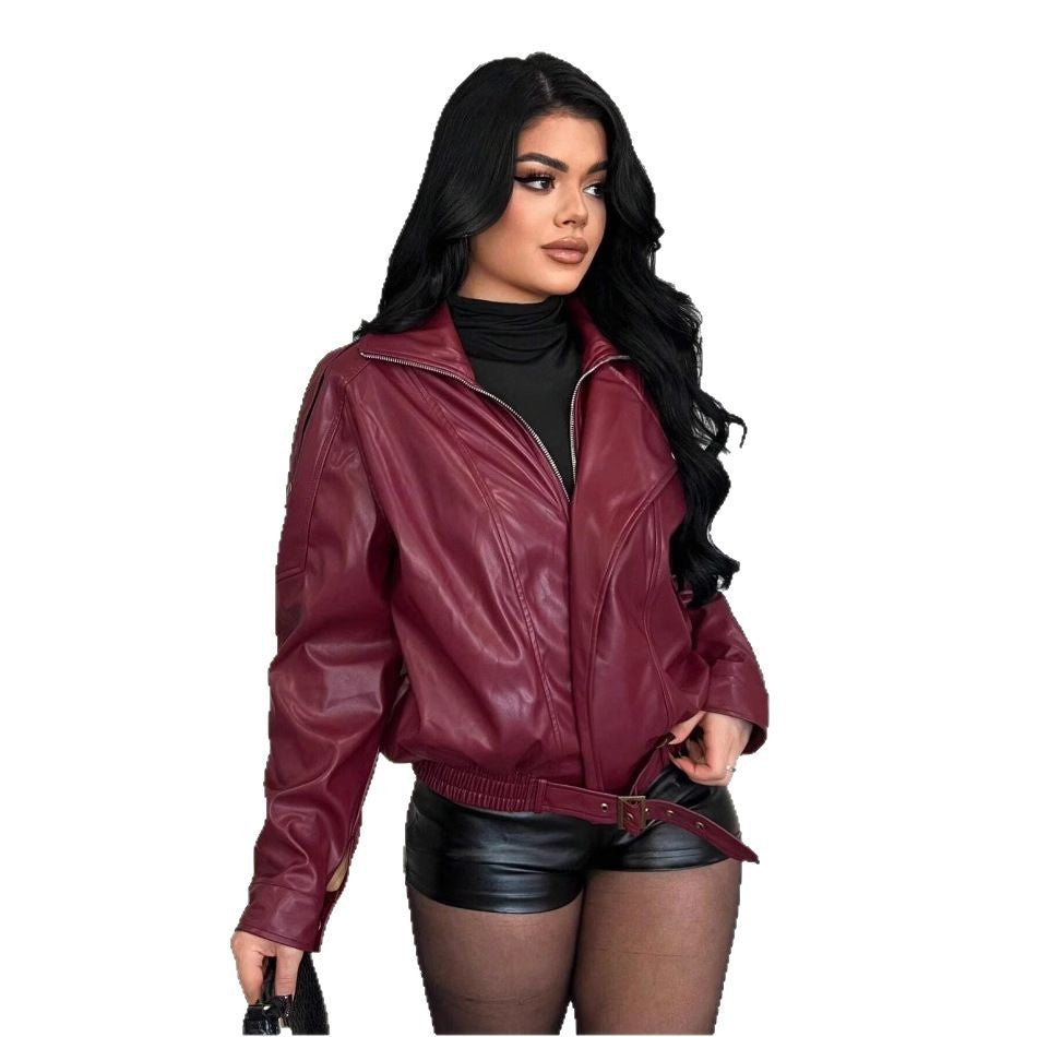 Damen Kunstlederjacke mit figurbetontem Schnitt und dekorativem Gürtel Drune