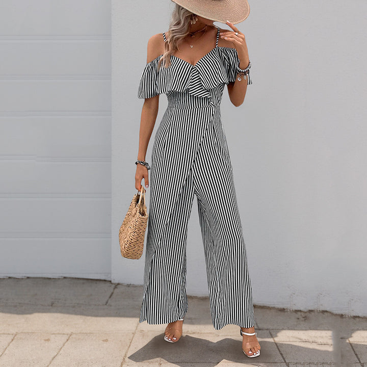 Damen eleganter Jumpsuit mit schulterfreiem Design und gestreiftem Muster Drune