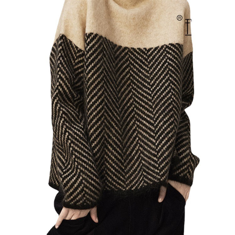Damen gemütlicher Strickpullover mit modischem Zickzackmuster Drune