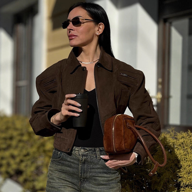 Damen modische Suede-Bomberjacke mit voluminösen Ärmeln Drune
