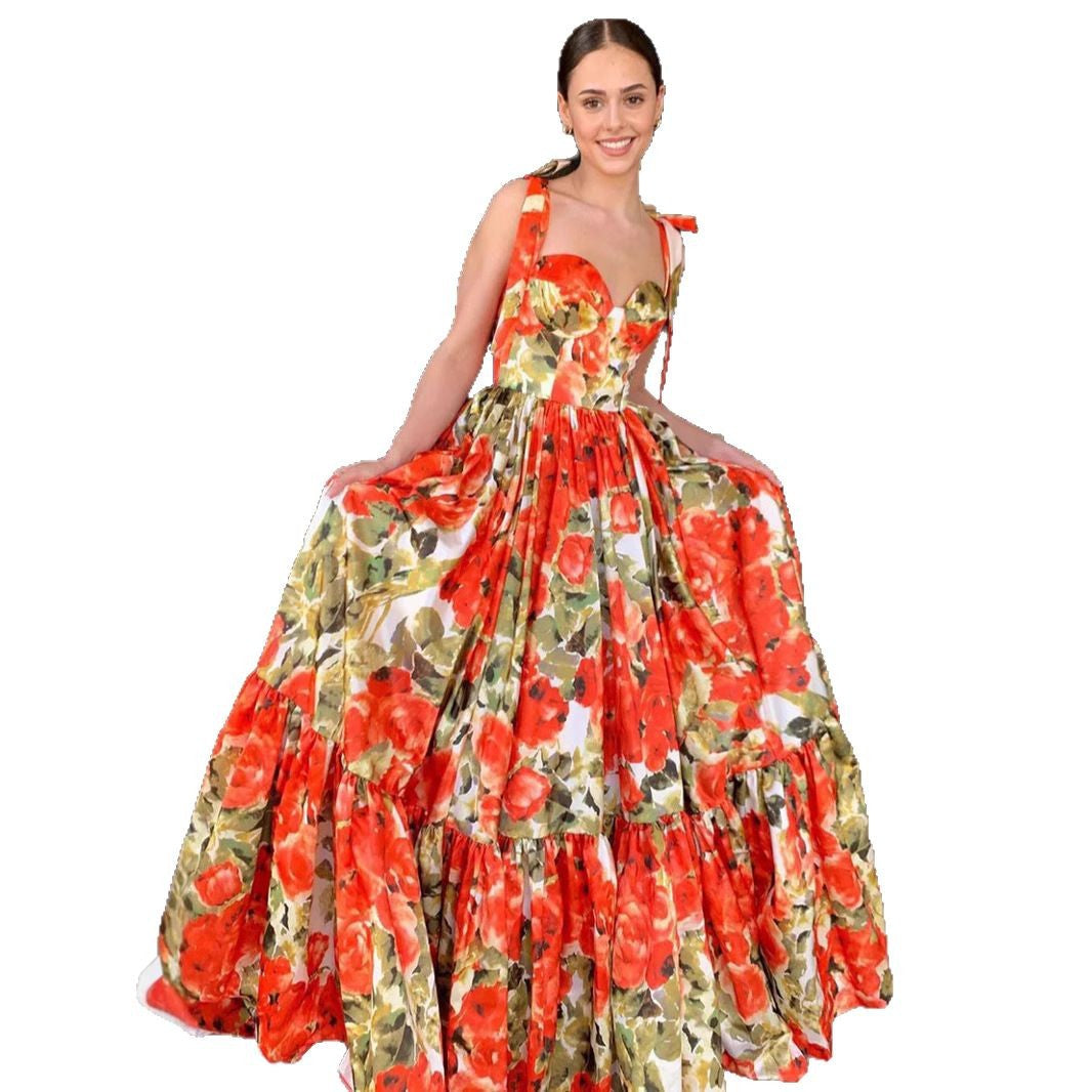 Damen Festliches Maxikleid mit floralen Rüschendetails und schwingendem Rock Drune