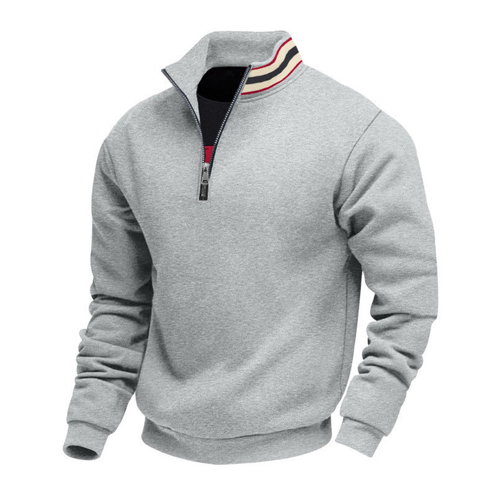 Herren nan Stehkragen-Halbzip-Sweatshirt aus Baumwollfleece mit Kontraststreifen am Kragen und gerippten Bündchen Drune
