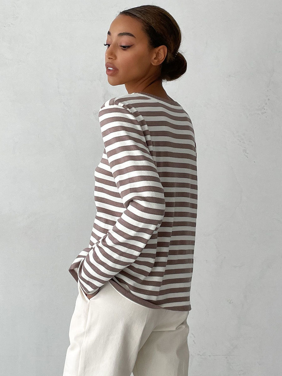 Damen lässiger Strickpullover mit gestreiftem Muster und weitem Schnitt Drune