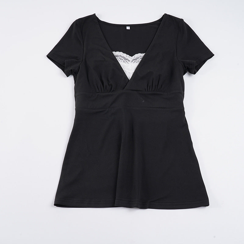 Damen V-Ausschnitt Shirt mit Rüschendetails und elastischem Bund Drune
