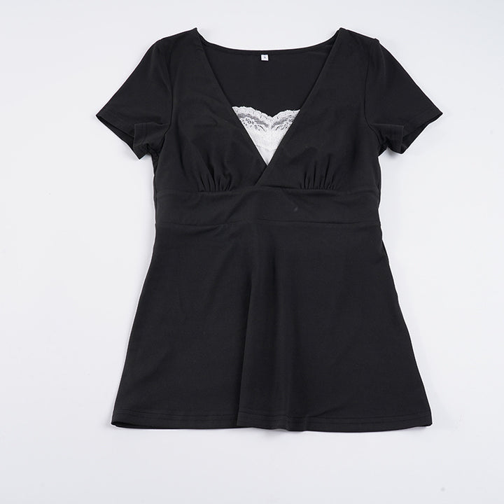 Damen V-Ausschnitt Shirt mit Rüschendetails und elastischem Bund Drune