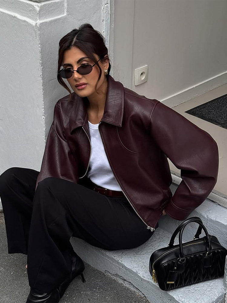 Damen elegante Lederjacke mit oversized Schnitt Drune