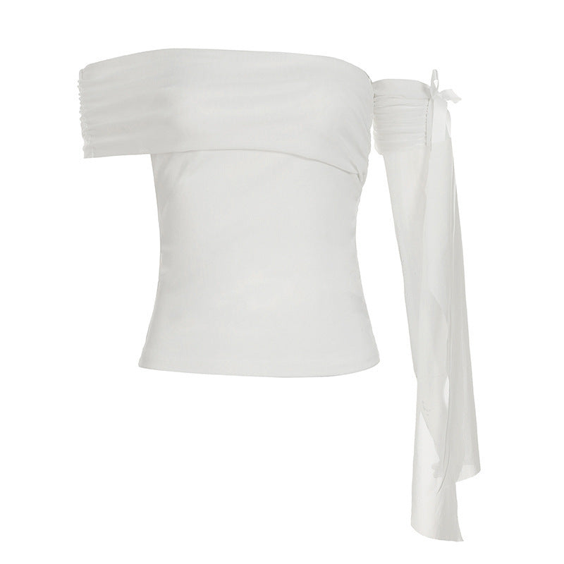 Damen Off-Shoulder Oberteil mit Rüschendetails und transparentem Ärmel Drune