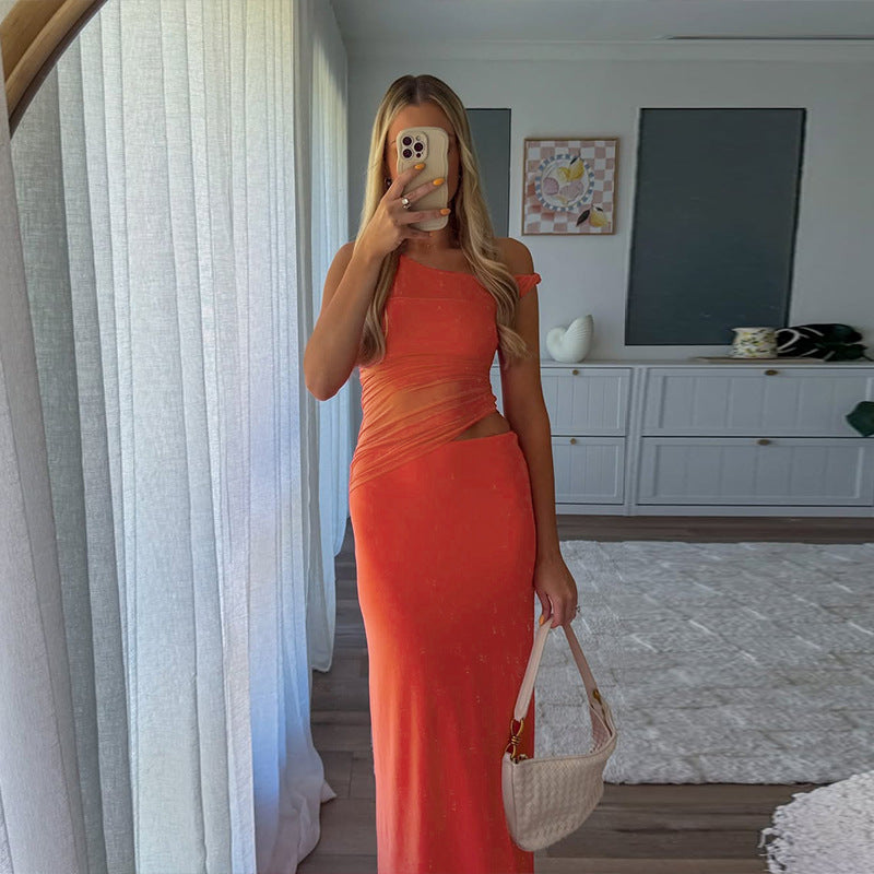 Damen figurbetontes Maxikleid mit asymmetrischem Schnitt und Raffungen Drune