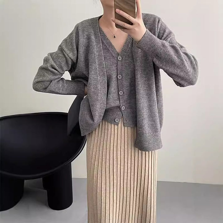 Damen Gemütliche Strickjacke mit tiefem V-Ausschnitt und strukturiertem Rippdesign Drune
