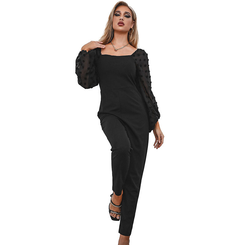 Damen eleganter Jumpsuit mit transparenten Puffärmeln Drune