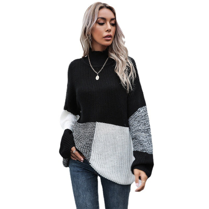 Damen modischer Strickpullover mit asymmetrischem Patchwork-Design Drune