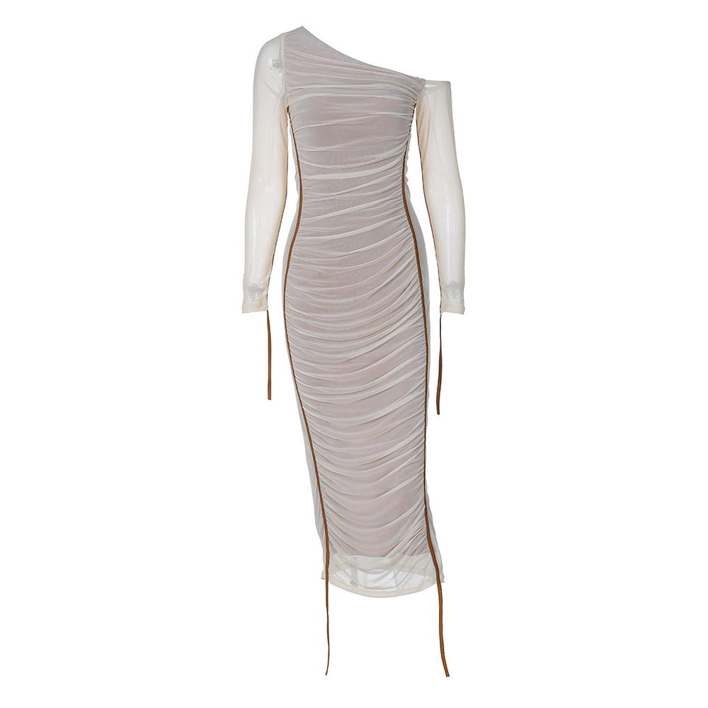 Damen Elegantes One-Shoulder Kleid mit Rüschen Drune