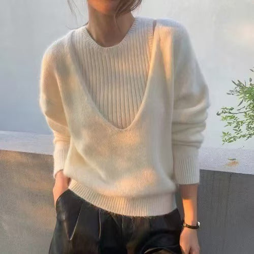 Damen Pullover mit tiefem V-Ausschnitt und feiner Ribstruktur Drune