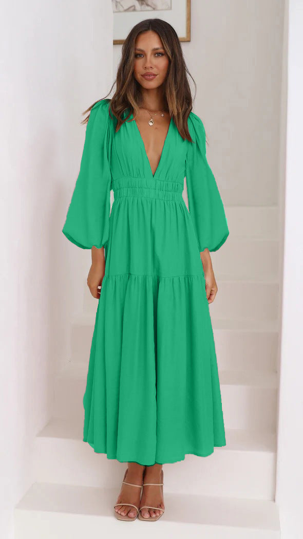 Damen Langarm Maxikleid mit tiefem V-Ausschnitt und weitem Rock Drune