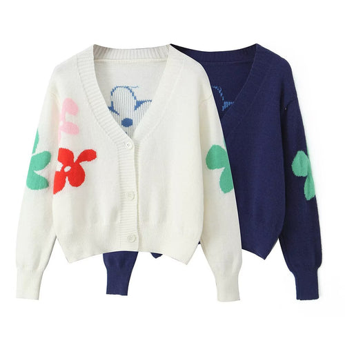 Damen gemütlicher Strickcardigan mit buntem Blumenmuster Drune