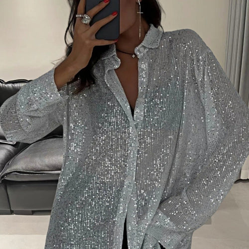 Damen Glamouröse Transparente Bluse mit Pailletten Drune