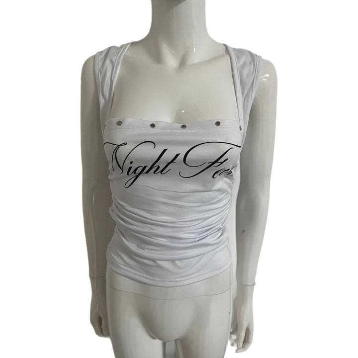 Damen Kurzarm Top mit verspieltem Schriftzug und Rüschendetails Drune