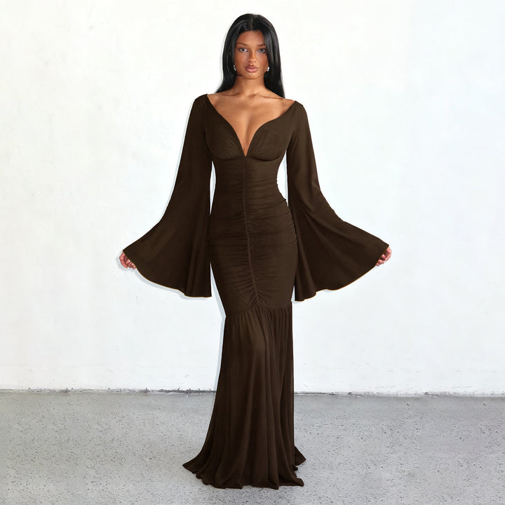 Damen nan gerafftes Maxikleid mit V-Ausschnitt, Trompetenärmeln und Stufenrüsche Drune