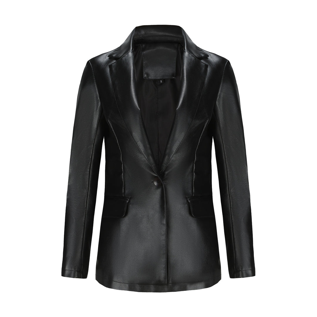 Damen nan taillierter Blazer aus Kunstleder mit Reverskragen und Pattentaschen Drune