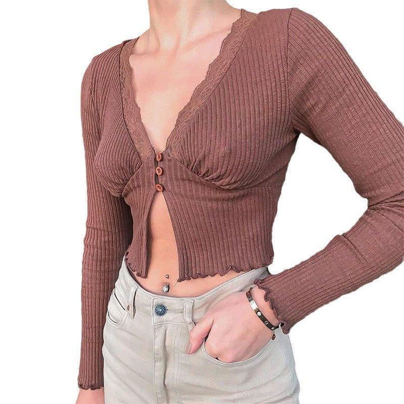 Damen Crop-Top mit femininer Spitze und Knopfdetails Drune