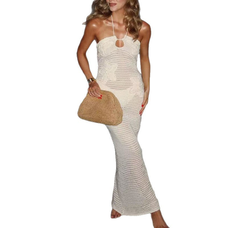 Damen Häkel-Maxikleid mit tiefem Keyhole-Ausschnitt und elegantem Design Drune