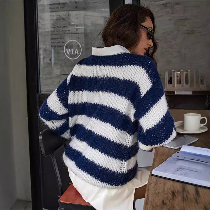 Damen lässiger Strickpullover mit voluminösen Ärmeln und maritimen Streifen Drune