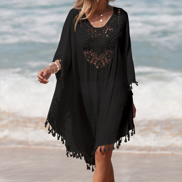 Damen Häkel-Strandüberwurf mit fransigem Saum und elegantem Lochmuster Drune