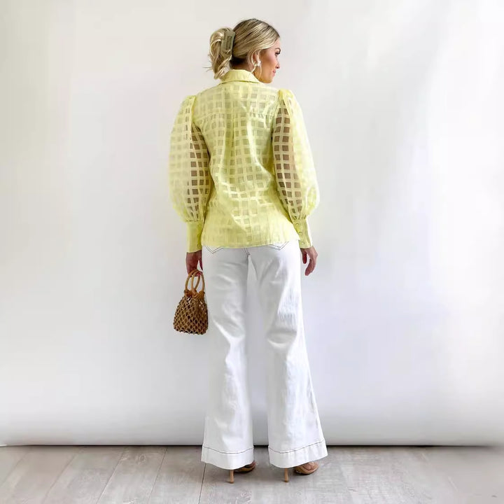Damen Bluse mit Puffärmeln und Karomuster Drune