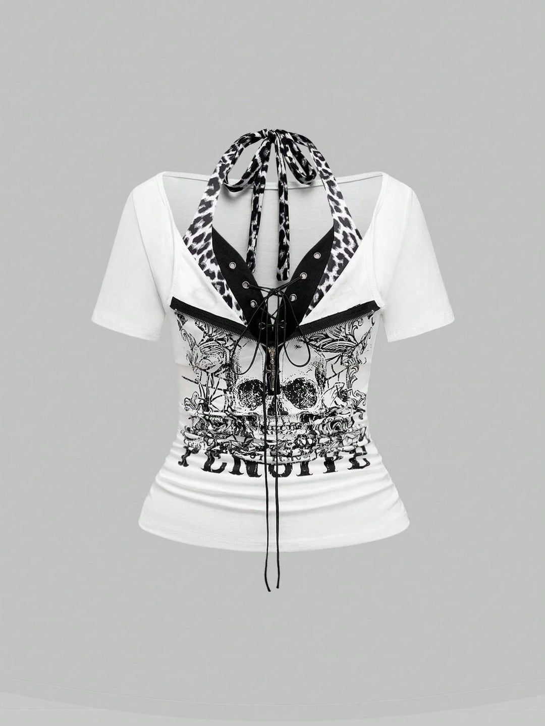 Damen Trendy Crop-Top mit einzigartigem Grafikdruck und Schnürdetails Drune