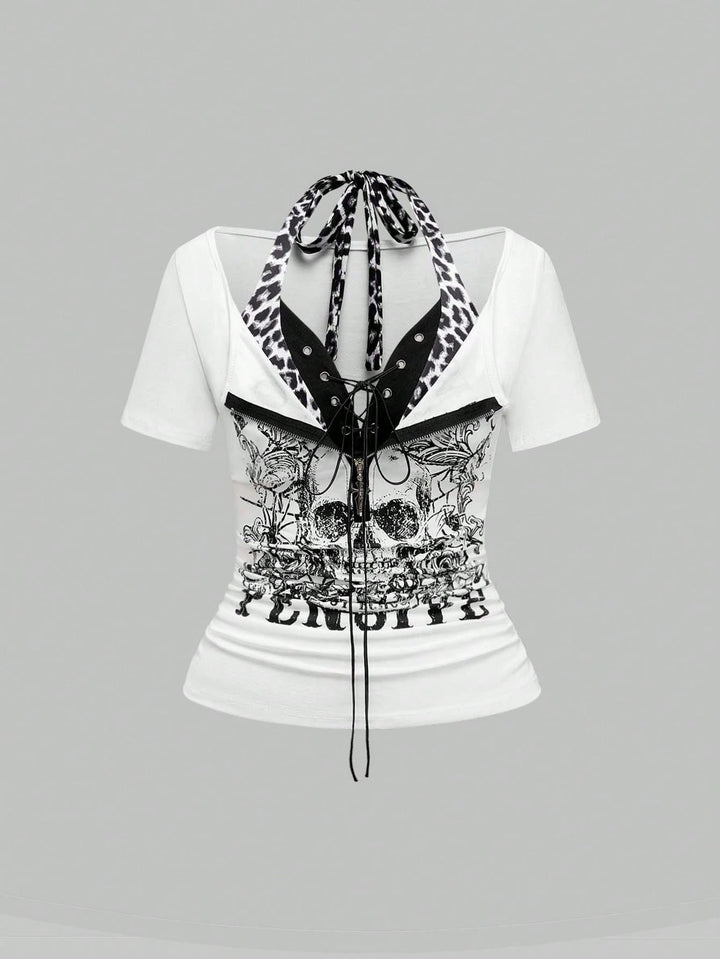 Damen Trendy Crop-Top mit einzigartigem Grafikdruck und Schnürdetails Drune