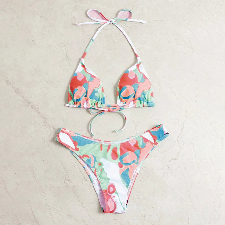 Damen Triangel-Bikini-Set mit verstellbaren Trägern und kreativem Print Drune