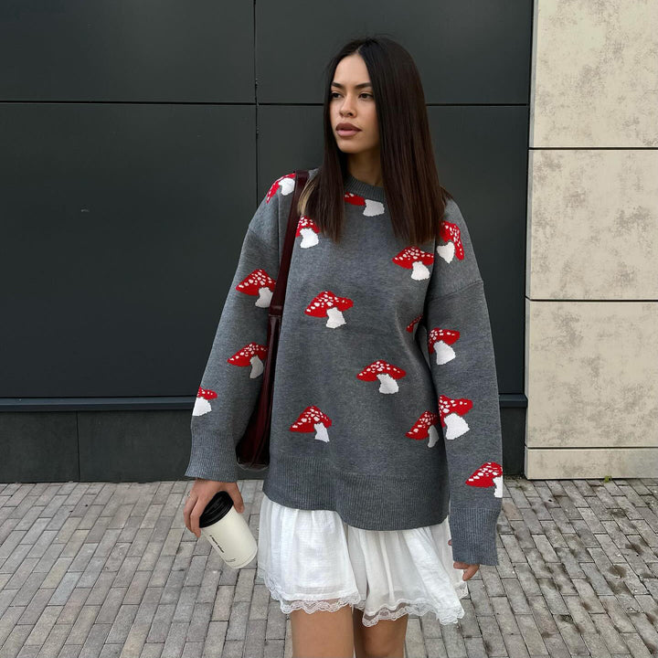 Damen Pullover mit kreativem Pilzdesign und lässigem Schnitt Drune