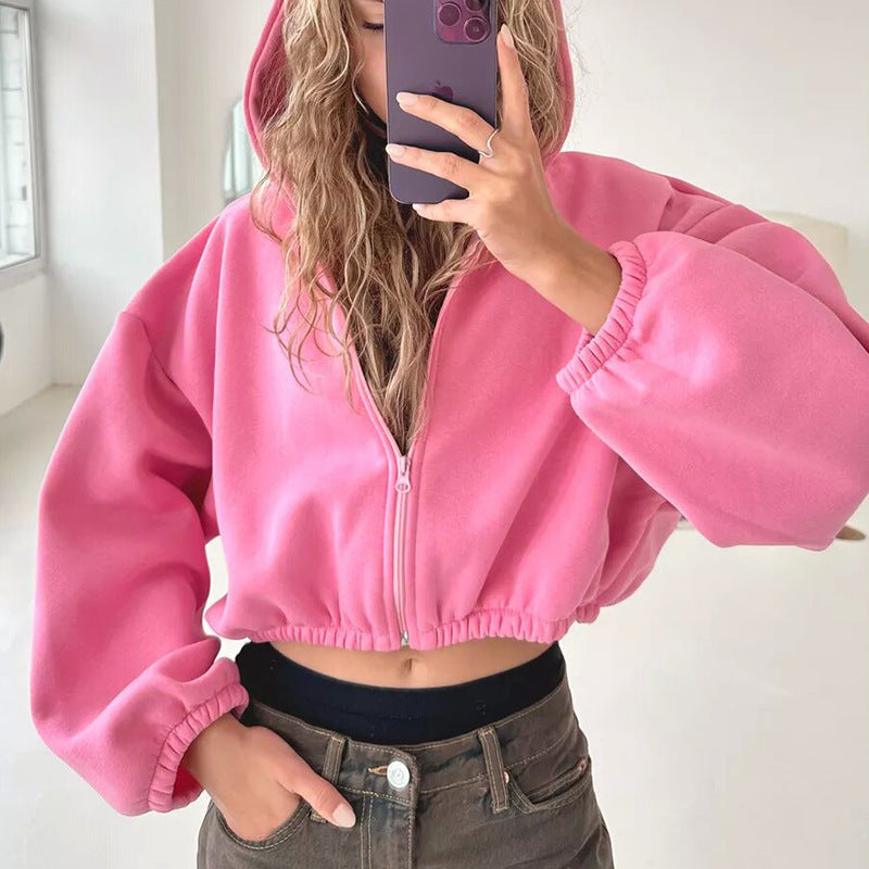 Damen nan oversized Kapuzenjacke kurz geschnitten mit elastischem Saum und Ballonärmeln Drune