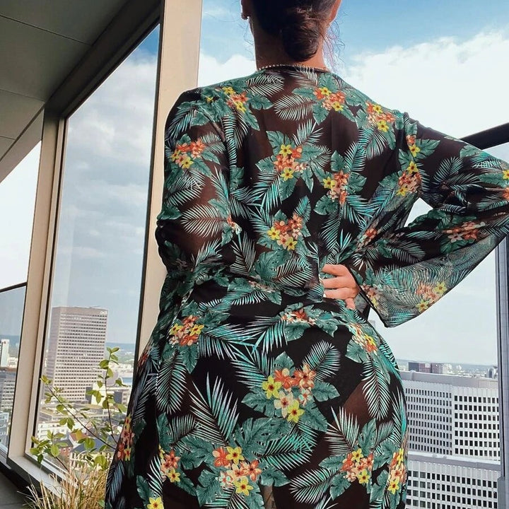 Damen Bikini-Set mit hochgeschnittenem Höschen und floralem Kimono Drune