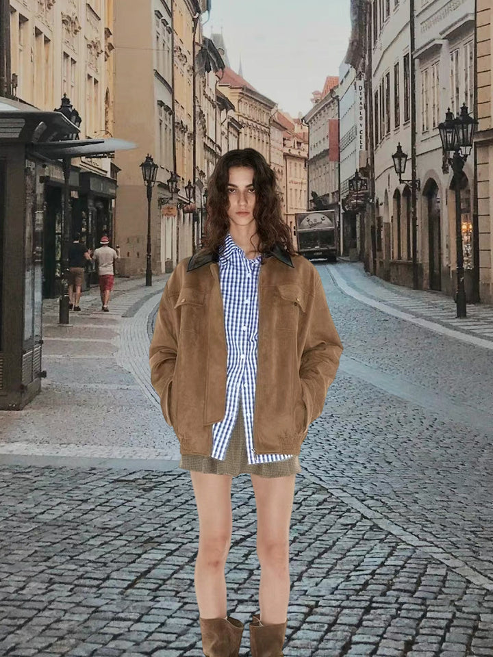 Damen Luxuriöse Wildlederjacke mit modernem Stehkragen Drune