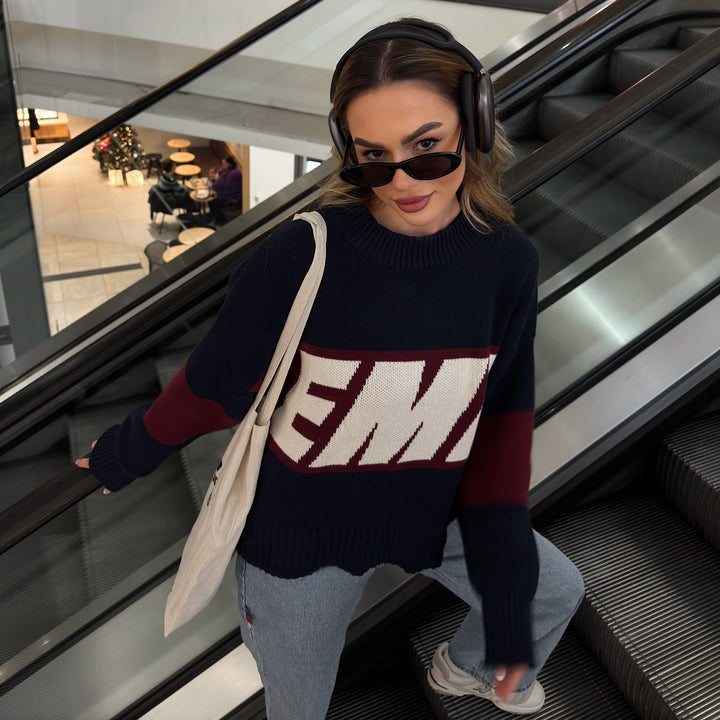Damen sportlicher Strickpullover mit kreativem Grafikdesign und lässigem Schnitt Drune