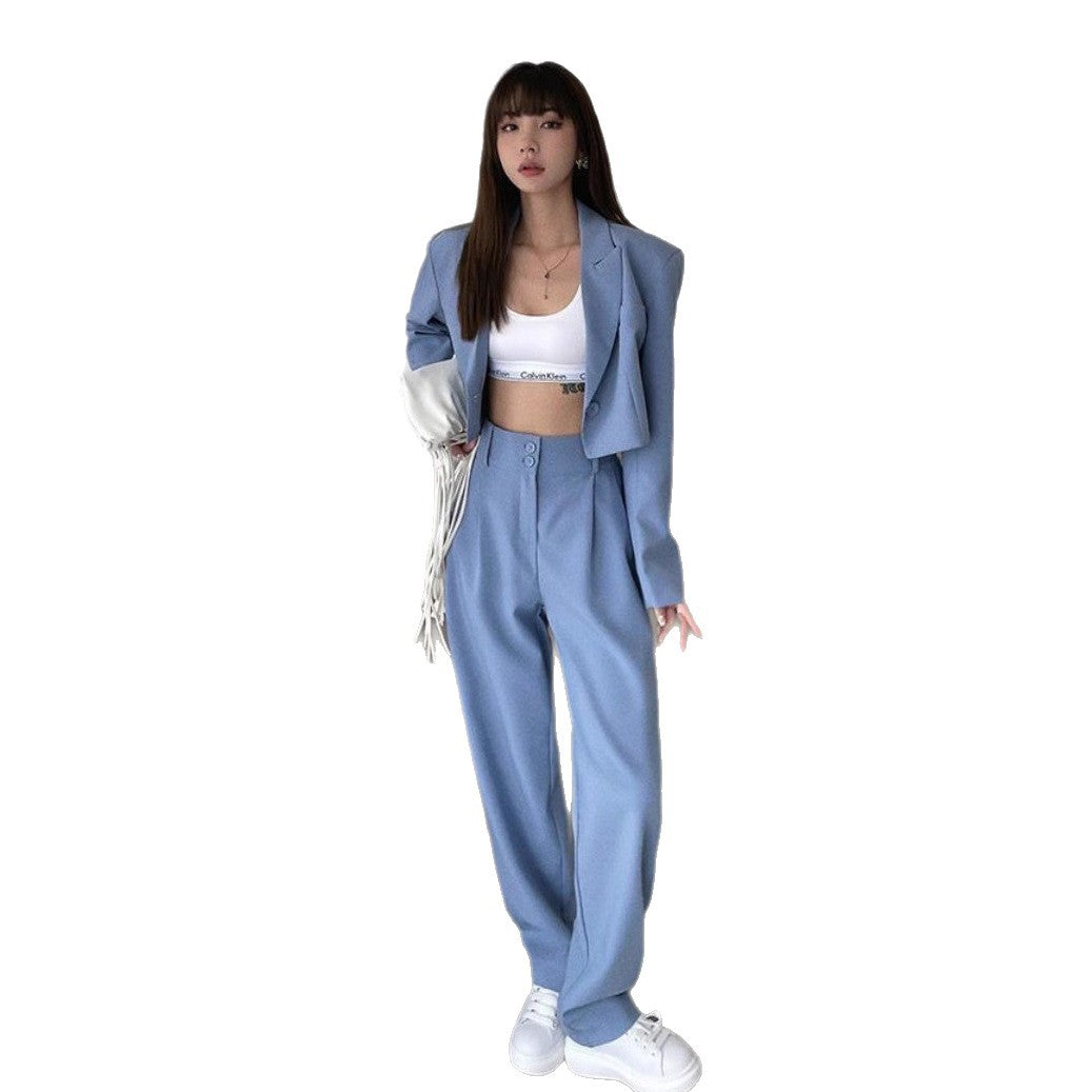 Damen elegantes und modernes Blazer-Set mit taillierter Jacke und weiten Hosen Drune