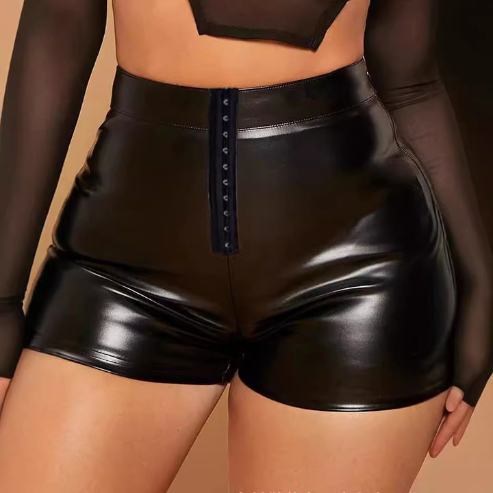 Damen Hochtaillierte Kunstleder-Shorts mit dekorativem Knopfverschluss Drune