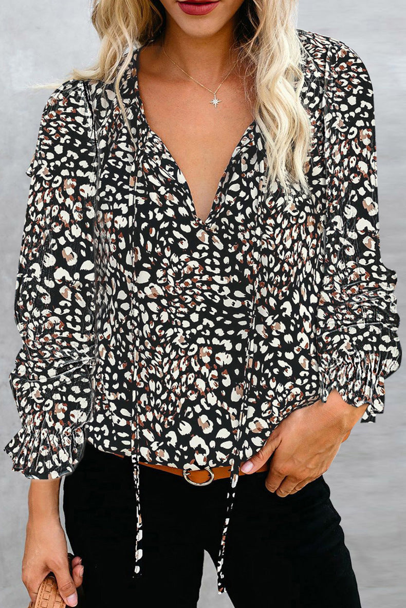 Damen Bluse mit raffiniertem Leopardenmuster und modischem V-Ausschnitt Drune