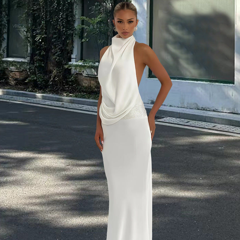 Damen elegantes Abendkleid mit tiefem Wasserfall-Ausschnitt und innovativer Drapierung Drune