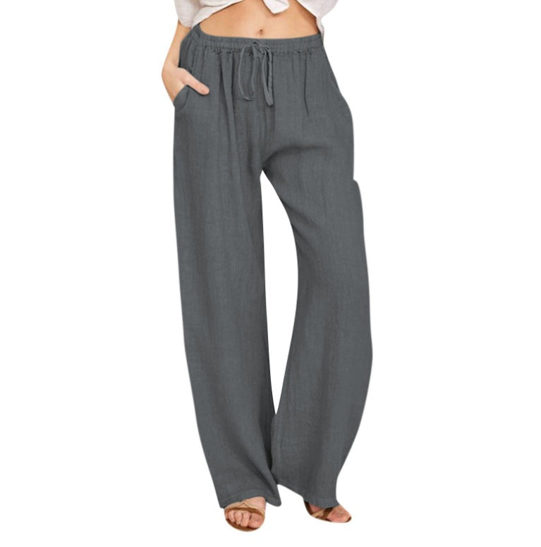 Damen nan weite Leinenhose mit elastischem Bund Kordelzug und Seitentaschen Drune