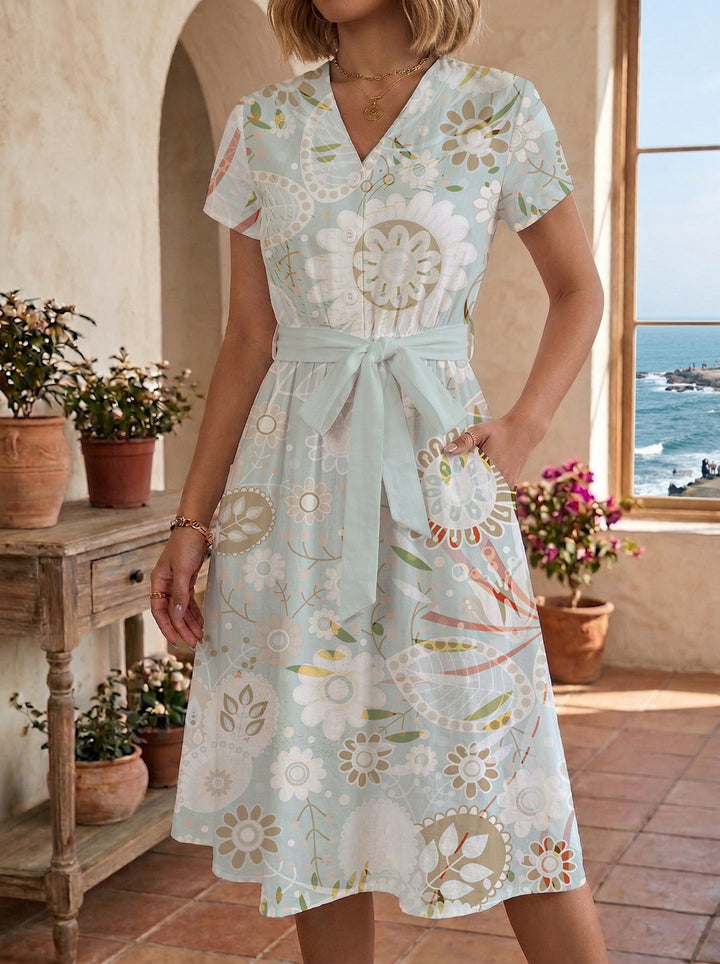 Damen Midikleid mit floralem Motiv und Taillengürtel Drune