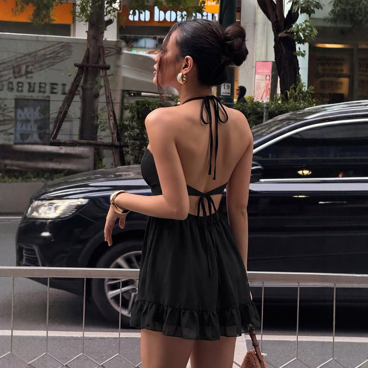 Damen Halter Kleid mit voluminösem Rock und eleganten Rüschendetails Drune