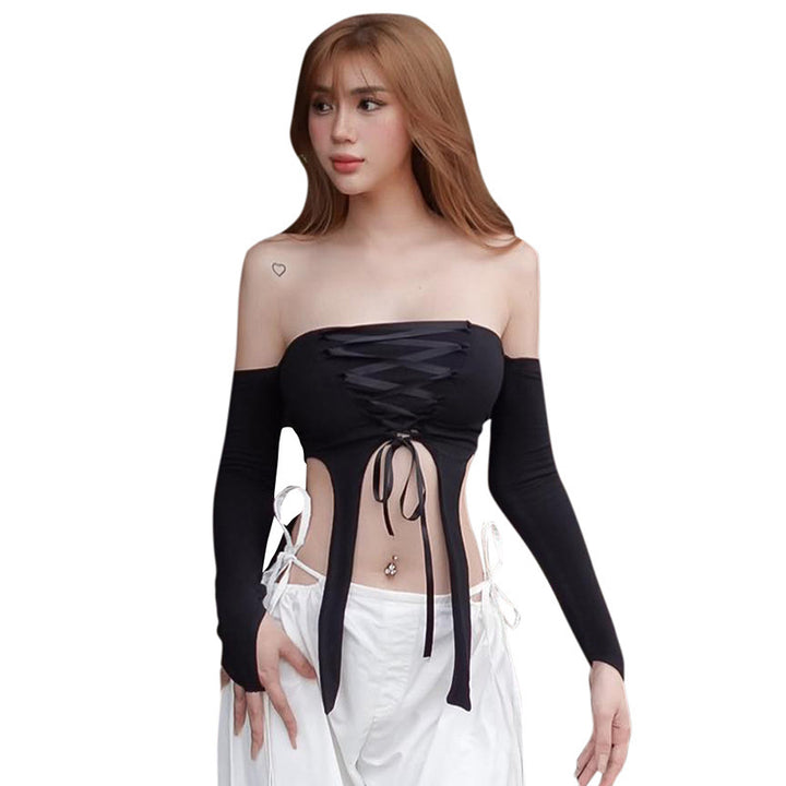 Damen elastisches Off-Shoulder Top mit aufwendiger Schnürung Drune