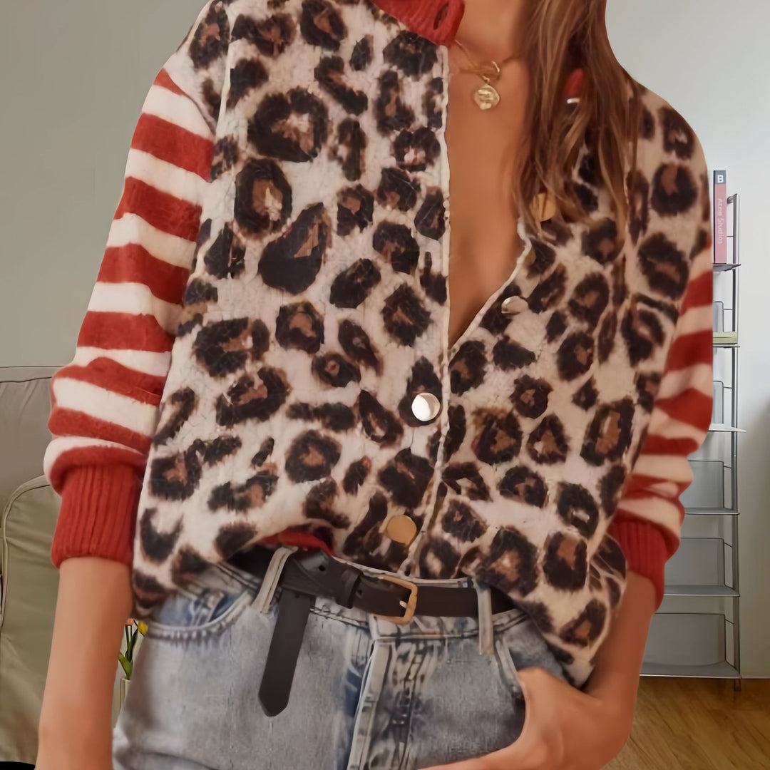 Damen Modische Jacke mit Tiermuster und gestreiften Ärmeln Drune