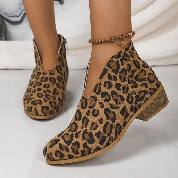 Damen nan knöchelhohe Stiefelette mit V-Ausschnitt, weichem Obermaterial und leichtem Holzblockabsatz Drune
